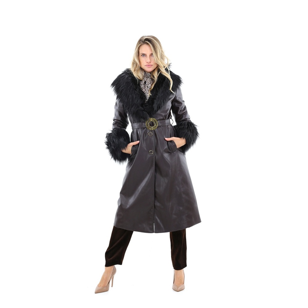 PINKO Dark Brown and Black Faux Leather Coat